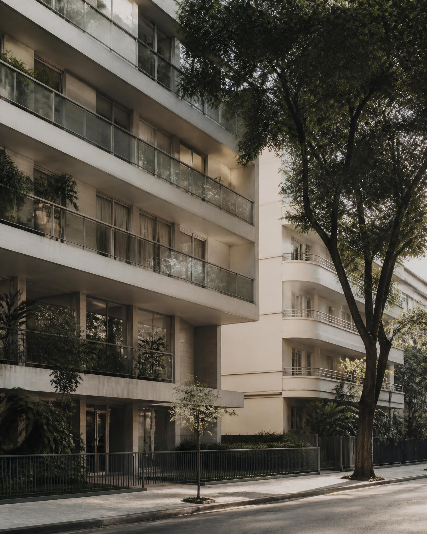 Edifício residencial sofisticado em rua arborizada da Zona Sul do Rio de Janeiro